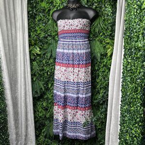 MOTHERHOOD Dress Women XL Red Blue Maternity Strapless Boho‎ Smocked Maxi 2191